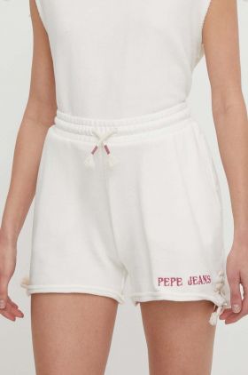 Pepe Jeans pantaloni scurti din bumbac Kendall culoarea bej, cu imprimeu, high waist