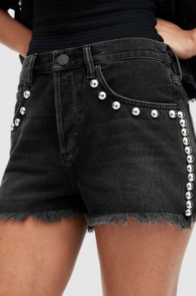 AllSaints pantaloni scurti din bumbac HEIDI STUD SHORTS culoarea negru, cu imprimeu, high waist, WE509Z