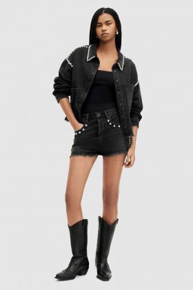 AllSaints pantaloni scurti din bumbac HEIDI STUD SHORTS culoarea negru, cu imprimeu, high waist, WE509Z