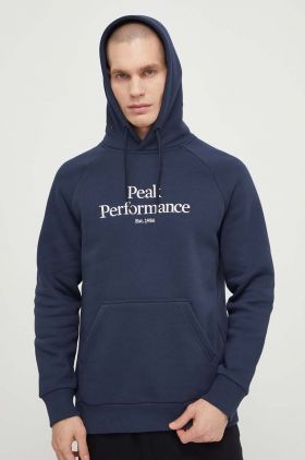 Peak Performance bluza barbati, culoarea albastru marin, cu glugă, cu imprimeu