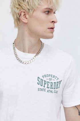 Superdry tricou din bumbac barbati, culoarea alb, cu imprimeu