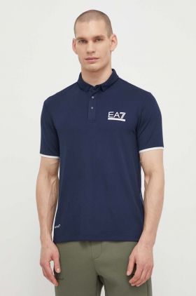 EA7 Emporio Armani tricou polo barbati, culoarea albastru marin, cu imprimeu