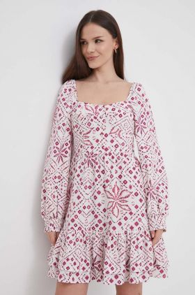 Pepe Jeans rochie din amestec de in culoarea alb, mini, evazati