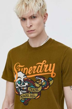 Superdry tricou din bumbac barbati, culoarea verde, cu imprimeu