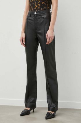 Remain pantaloni de piele femei, culoarea negru, drept, high waist