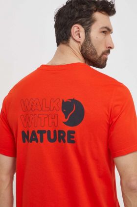 Fjallraven tricou Walk With Nature barbati, culoarea portocaliu, cu imprimeu, F12600216