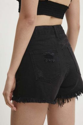 Answear Lab pantaloni scurti jeans femei, culoarea negru, neted, high waist