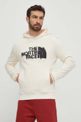 The North Face hanorac de bumbac barbati, culoarea bej, cu glugă, cu imprimeu, NF0A87ETQLI1