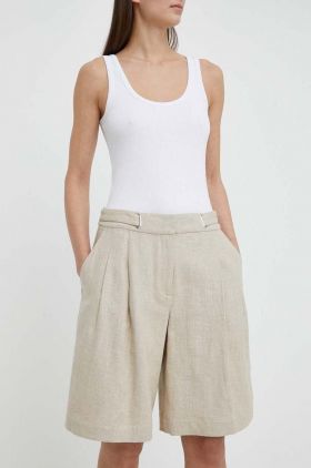 Remain pantaloni scurti din in culoarea bej, neted, high waist