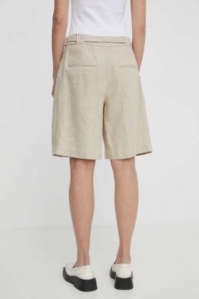 Remain pantaloni scurti din in culoarea bej, neted, high waist