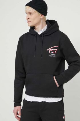 Tommy Jeans bluză bărbați, culoarea negru, cu glugă, imprimeu, DM0DM18647