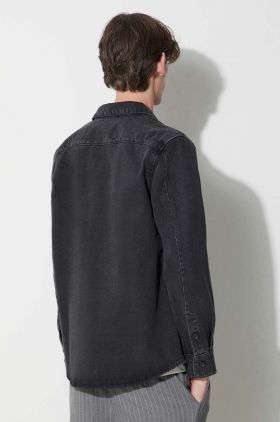 A.P.C. cămașă din denim bărbați, culoarea negru, cu guler clasic, regular