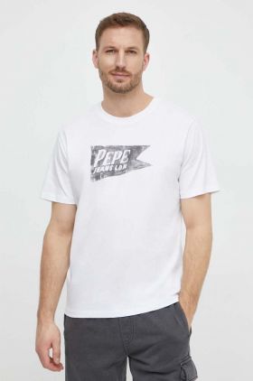 Pepe Jeans tricou din bumbac SINGLE CARDIFF barbati, culoarea alb, cu imprimeu, PM509401