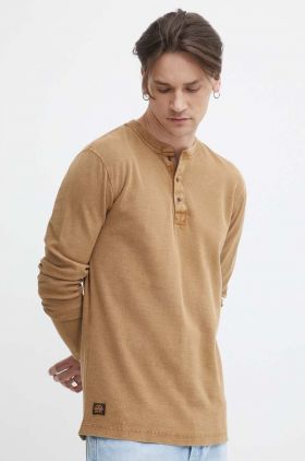 Superdry longsleeve din bumbac culoarea maro, neted