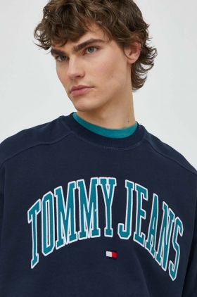 Tommy Jeans hanorac de bumbac bărbați, culoarea bleumarin, cu imprimeu, DM0DM18628