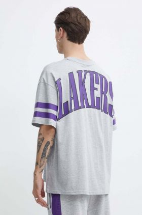 New Era tricou din bumbac barbati, culoarea gri, cu imprimeu, LOS ANGELES LAKERS