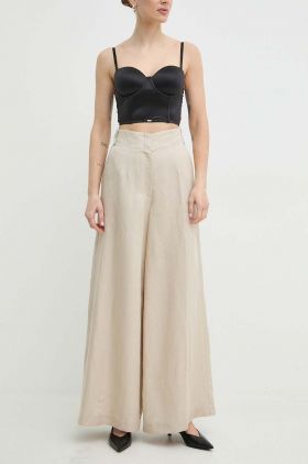 Ivy Oak pantaloni din in culoarea bej, lat, high waist, IO115177