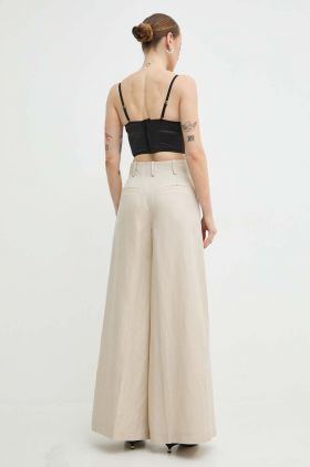 Ivy Oak pantaloni din in culoarea bej, lat, high waist, IO115177