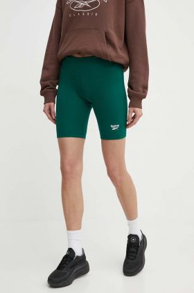 Reebok pantaloni scurti Identity femei, culoarea verde, neted, high waist, 100076030