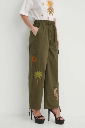 Never Fully Dressed pantaloni de bumbac culoarea verde, drept, high waist