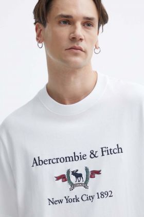 Abercrombie & Fitch tricou din bumbac barbati, culoarea alb, cu imprimeu