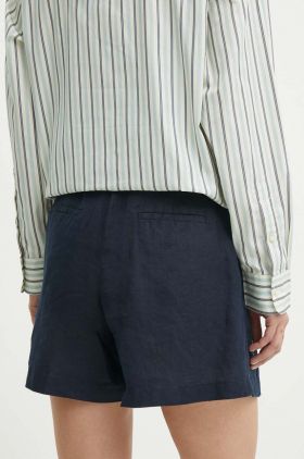 Sisley pantaloni scurti din in culoarea albastru marin, neted, high waist