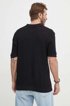 Sisley tricou polo din in culoarea negru, neted