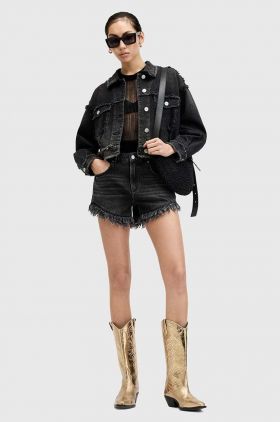 AllSaints pantaloni scurti din bumbac HAILEY DENIM SHORT culoarea negru, neted, high waist, W075EA