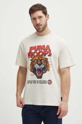 Puma tricou din bumbac bărbați, culoarea bej, cu imprimeu, 624737