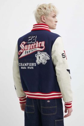 Superdry jacheta bomber din lana culoarea albastru marin, de tranzitie