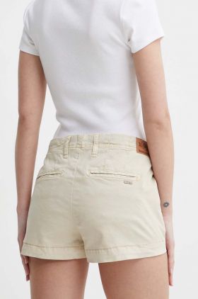 Superdry pantaloni scurti femei, culoarea bej, neted, high waist