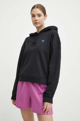 adidas Originals hanorac de bumbac femei, culoarea negru, cu glugă, cu imprimeu, IU2458