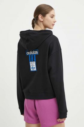 adidas Originals hanorac de bumbac femei, culoarea negru, cu glugă, cu imprimeu, IU2458