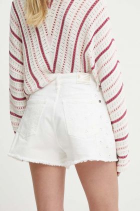 Pepe Jeans pantaloni scurti jeans A-LINE SHORT UHW ANGLAISE femei, culoarea alb, neted, high waist, PL801115