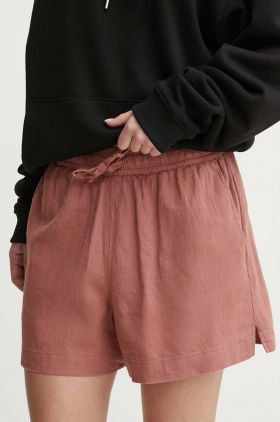 Roxy pantaloni scurti din in Lekeitio culoarea roz, neted, high waist, ERJNS03490