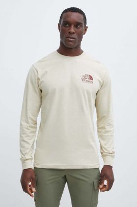 The North Face longsleeve din bumbac Patron Plasticfree Peaks culoarea bej, cu imprimeu, NF0A87DW3X41