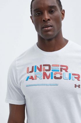 Under Armour tricou barbati, culoarea alb, cu imprimeu