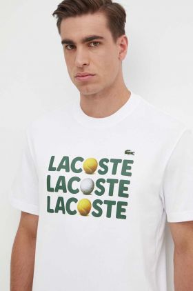 Lacoste tricou din bumbac barbati, culoarea alb, cu imprimeu