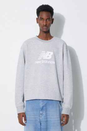 New Balance bluză French Terry Crew bărbați, culoarea gri, cu imprimeu, MT41500AG