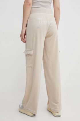 Juicy Couture pantaloni de trening din velur culoarea bej, cu imprimeu