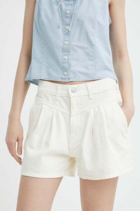 Levi's pantaloni scurti jeans femei, culoarea bej, neted, high waist