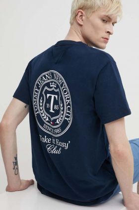 Tommy Jeans tricou din bumbac barbati, culoarea albastru marin, cu imprimeu, DM0DM18578