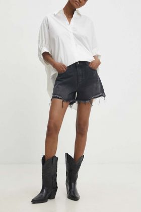 Answear Lab pantaloni scurti jeans femei, culoarea negru, neted, high waist