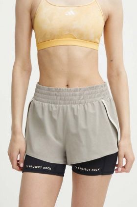 Under Armour pantaloni scurți de antrenament Project Rock culoarea bej, cu imprimeu, high waist