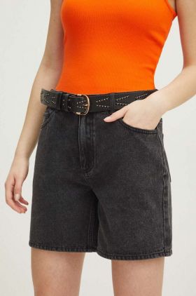 Medicine pantaloni scurti jeans femei, culoarea negru, neted, medium waist