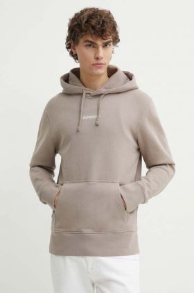 Superdry hanorac de bumbac barbati, culoarea bej, cu glugă, cu imprimeu