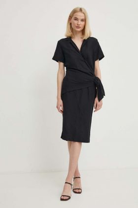 Sisley rochie din in culoarea negru, midi, drept