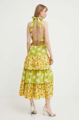 Never Fully Dressed rochie din bumbac culoarea verde, maxi, evazati