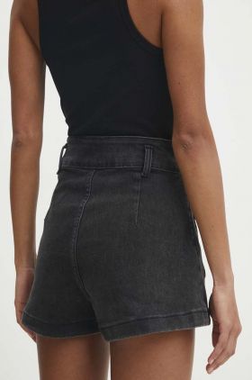 Answear Lab pantaloni scurti jeans femei, culoarea negru, neted, high waist