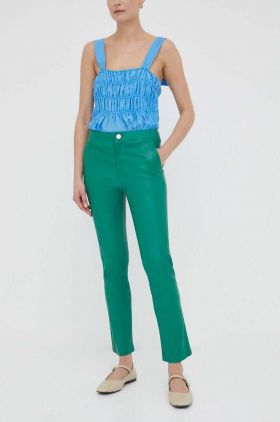 2NDDAY pantaloni de piele femei, culoarea verde, drept, high waist